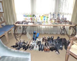 Light wood dining table with iron legs and 7 chairs