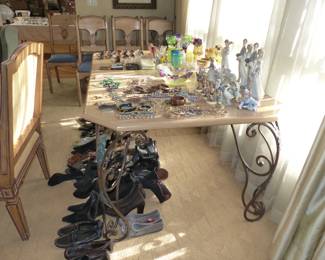 Light wood dining table with iron legs and 7 chairs