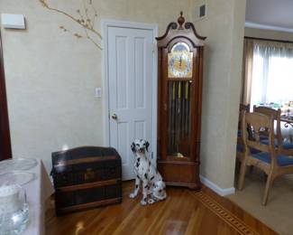 Antique trunk, Large porcelain dog, Herschede grandfather clock