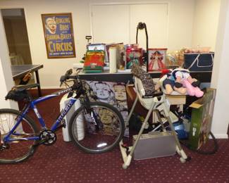 Kids stuff, Barbie dolls, bike, air hockey table