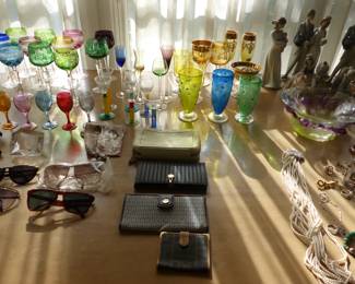 Multi-colored stemware, wallets