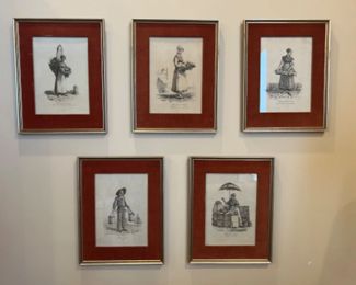 Set of 5 Vintage European Etching Costume Prints - Velvet Mat - Gold Tone Frame