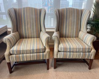 Chippendale Style Wingback Chair Pair w/ Intricate Designed Stripes