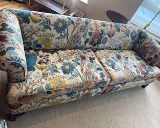 Rolled Arm Asian Inspired Couch - Vibrant Floral & Butterfly Fabric