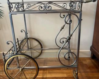 Vintage Ornate Metal Scrollwork Bar Cart - Tea Cart w/ Glass Top