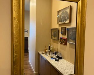 Gold Tone Wood Frame Mirror w/ Impressed Floral Asian Motif