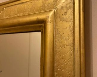 Gold Tone Wood Frame Mirror w/ Impressed Floral Asian Motif