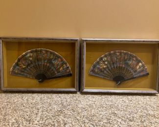 2 Vintage Asian Inspired Shadow Box Hand Fans