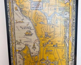 Framed 1926 'A Seagull's View of Seattle' Map by Clara P. Reynolds