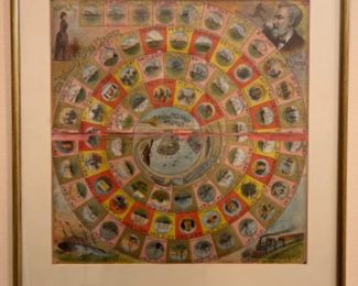 Antique Framed Round The World Game Board - Nellie Bly Jules Verne c1890