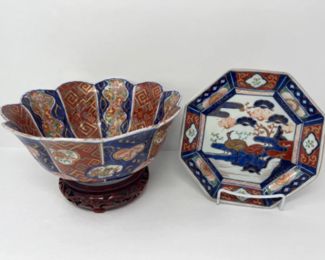 	Hand Painted Asian Scalloped Panel Bowl & Plate - Red, Cobalt & Gold
