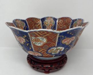 	Hand Painted Asian Scalloped Panel Bowl & Plate - Red, Cobalt & Gold