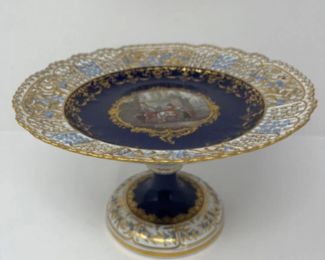 Antique Meissen Cobalt & Gold Reticulated Pedestal Dish - EXQUISITE! 10"D