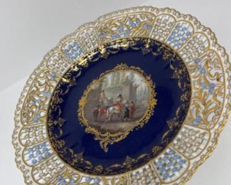 Antique Meissen Cobalt & Gold Reticulated Pedestal Dish - EXQUISITE! 10"D