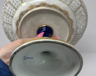 Antique Meissen Cobalt & Gold Reticulated Pedestal Dish - EXQUISITE! 10"D