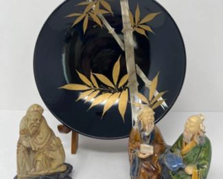 Vintage Chinese Mud Men, Lacquerware Bowl & Soapstone Figurine
