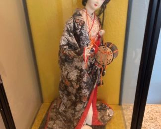 Vintage Asian Silk Kimono Geisha Doll in Glass Case