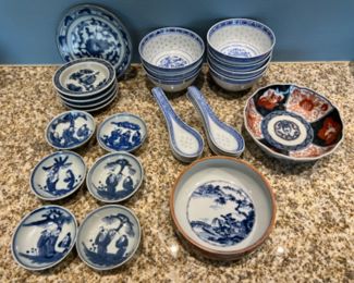 Blue & White Rice Grain Porcelain, 1973 Fitz & Floyd Asian Dishes, & More