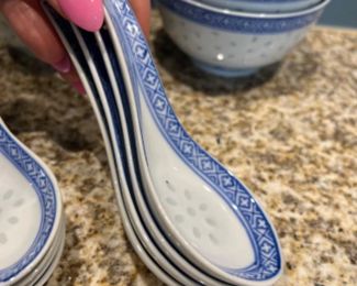 Blue & White Rice Grain Porcelain, 1973 Fitz & Floyd Asian Dishes, & More