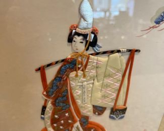 Vintage Japanese Raised Cloth Art Triptych - Geisha