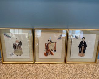 Vintage Japanese Raised Cloth Art Triptych - Geisha