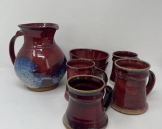 Hand Thrown Red Pottery Pitcher, Mugs, & Bowls - Signed
