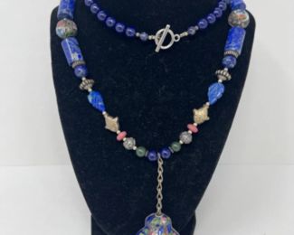 Sterling Blue Bead Cloisonne Pendant Necklace w/Antique Porcelain Shard