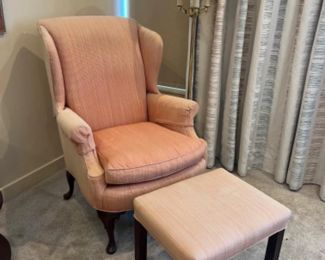 Salmon Wingback Kindel Armchair w / Ottoman & Brass Tone Floor Lamp