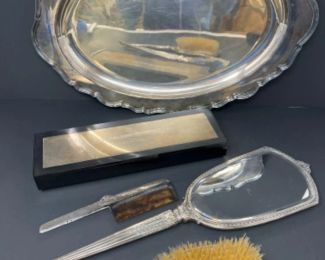 	Mid Century Silver Tone Vanity Set, Tray, & Box
