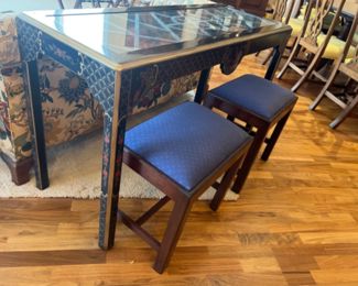 Hand Painted Black Chinoiserie Console Table with Glass Top & Stools