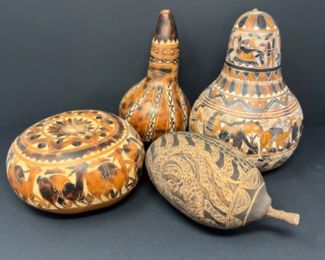 Vintage Peruvian Folk Art Carved Gourds & Australian Aboriginal Carved Boab Nut
