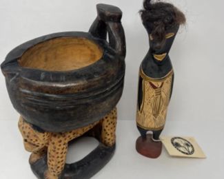 Vintage African Carved Painted Leopard Vessel & Statue