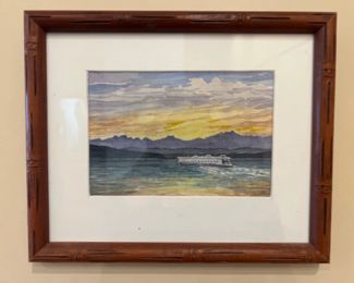 PNW Signed Framed Original Watercolor Ferry Boat at Sunset Painting