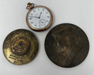 Vintage Brass Tone People Bank - JFK Inauguration Decor - Elgin Pocket Watch