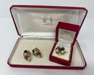 Ming's Hawaii 14K Jade Multi-Color Jade Ball Cluster Earrings & Ring w/ Boxes