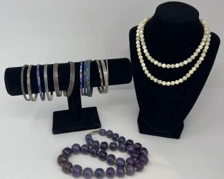 Sterling Bangles & Semiprecious Stone Necklace Jewelry - 74G Sterling