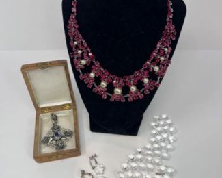 Vintage Jerusalem Cannetille Crusaders Cross Pendant & German Rhinestone Necklace