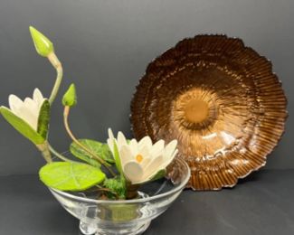 Feeling Zen - Signed Art Glass Bowl, Fabric Lily Pad, & Copper Tone Bowl