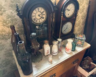Clocks, vintage, creamery bottles