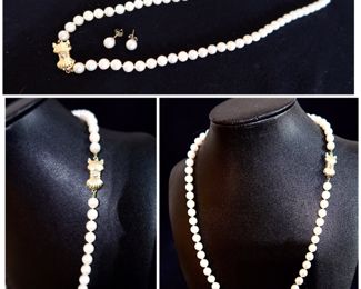 18" Blue Lagoon BL585 - Pearl Necklace w/14k Gold & Diamond Clasp - With Matching Pearl Earrings