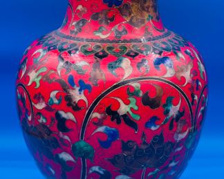 $180 	
Red cloisonne vase 14Hx8W		