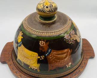 $280 	
Swiss cheese pottery Folk Art dome Hugo Kholer Biel 	14 1/4Wx 9Tcookie jar  11Tx8""W"									