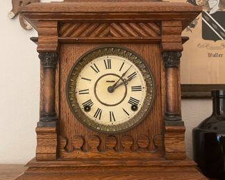 $150 
Ingraham oak mantel clock running 12x13x6D	