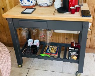 $90 	
Rolling cart pine & grey 36Wx19Dx32H	