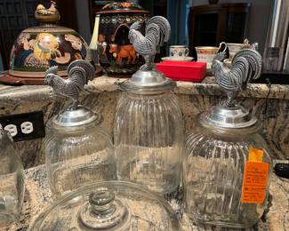 $75 Set of 3 glass canisters with pewter rooster finials 
