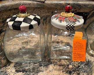 $75 Set of 2 McKenzie child glass canisters enamel tops
