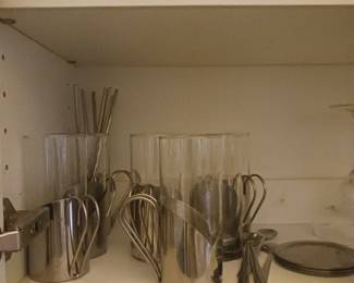 $48 set Coffee or tea set, stainless steel & glass cups with long spoons. (6)