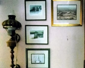 Converted oil to electric lamp and framed prints