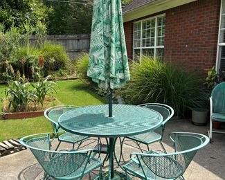 	#60	Wrought iron table with 4 chairs, umbrella and stand	 $175.00 				