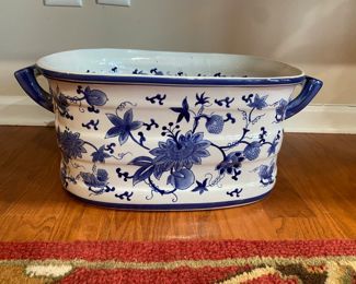 Large Blue & White Handled Cache Pot